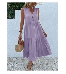 Detail view of the lavender tiered maxi dress with V-neckline and wooden buttons