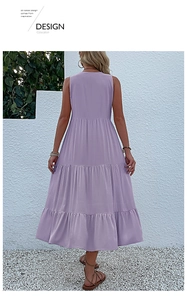 Back view of a purple sleeveless tiered maxi dress featuring a loose casual summer design