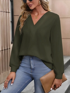 Detail of dark olive V-neck long sleeve blouse with elegant cuffed sleeves for women