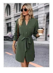 Detailed view of dark green V-neck shirt dress with waist tie and front pocket detail