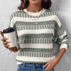 Women's striped long sleeve knit sweater in white and green with geometric jacquard detail