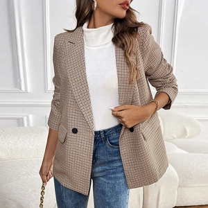 Blazer Décontracté Pour Femmes Pied De Poule Coupe Cintrée Col À Revers Manches Longues Veste De Costume Avec Boutons Poches