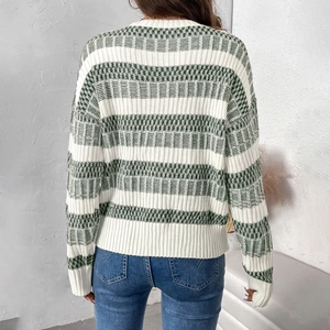 Green and white striped long sleeve knit sweater with textured geometric pattern for women
