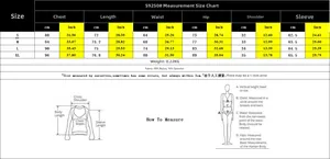 Detailed size chart for long sleeve V-neck bodysuit with fabric and measurement specs