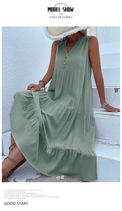 Detail of sage green V-neck sleeveless tiered maxi dress with button-front design