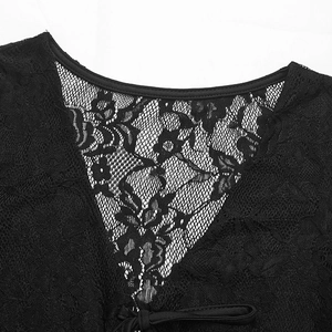 Detail of floral lace mesh fabric with elegant bow tie on a black V-neck bodysuit