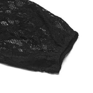 Detailed macro view of elegant black lace sleeve cuffs with floral embroidery patterns