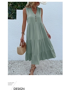 Detail of sage green sleeveless V-neck maxi dress with buttons and tiered cake skirt
