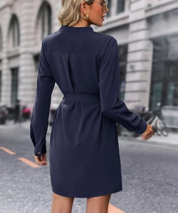 Back view of a navy blue long-sleeved shirt dress featuring a pleated back and waist tie