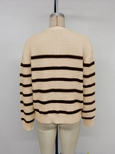 Close-up of the textured knit fabric and striped pattern on this oversized sweater