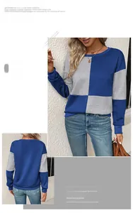 Detailed view of women's round neck sweatshirt featuring blue and grey textured block patterns