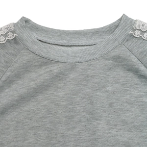 Gray crewneck sweatshirt with delicate white lace patchwork on shoulders for women
