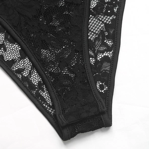 Detail view of black lace bodysuit featuring intricate floral patterns and smooth stitching