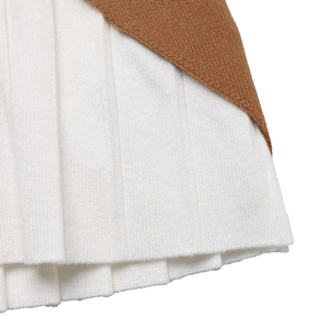 Slim fit two-piece patchwork knit sweater with brown top and white pleated hem detailing