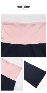 Close-up of the elastic pink waistband and navy stitching on the women's casual pants