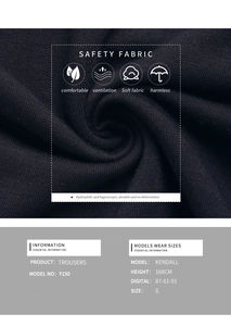 Detail of black sports trousers showing knit texture, durability and model size parameters