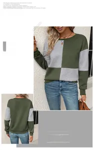 Detail view of olive green and grey color block sweatshirt with waffle knit texture