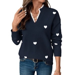 Navy blue V-neck knit sweater for women with white heart patterns and delicate lace trim
