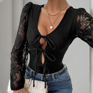 Elegant long sleeve lace bodysuit with deep V-neck and bow ties, casual resort style