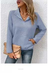Detail eines hellblauen Sweatshirts mit Waffelstruktur, Reverskragen und Metalldruckknöpfen