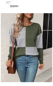 Close-up of geometric textured fabric on army green and grey colorblock long sleeve top
