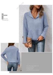 Details des hellblauen strukturierten Langarm-Sweatshirts mit Reverskragen und Silberknöpfen