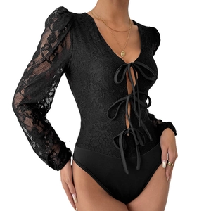 Elegant black V-neck lace bodysuit featuring long sleeves and decorative ribbon bow ties