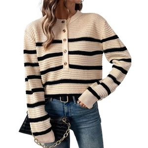 Women's striped long sleeve knit sweater with buttoned neckline and waffle texture
