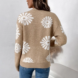Damen Strickpullover in Khaki mit weißen Gänseblümchen-Mustern und Langarm