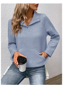 Detail der blauen Waffelstrick-Struktur und Metalldruckknöpfe am Langarm-Pullover