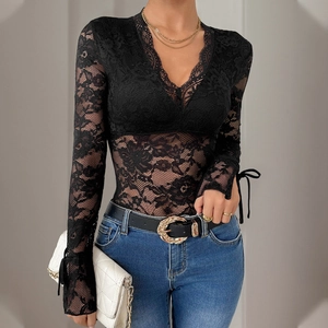Elegant black floral lace long sleeve bodysuit with deep V-neck and ribbon cuffs