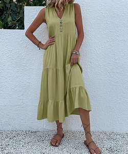 Detail of V-neckline and button front on olive green sleeveless tiered maxi dress