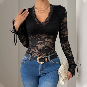 Elegant black V-neck lace bodysuit with long sleeves and delicate floral patterns