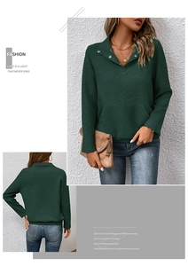 Detailansicht des dunkelgrünen Stepp-Sweatshirts mit Knopfkragen und Kängurutaschenstruktur
