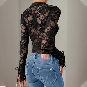 Sexy black lace long sleeve bodysuit for women with V-neck and sheer floral texture