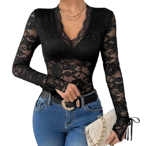 Slim fit black long sleeve lace bodysuit with deep V-neck and ribbon bow cuff details