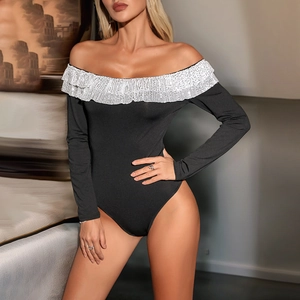 Bodysuit Femme Épaules Dénudées à Paillettes Noir Manches Longues Volants Coupe Ajustée Élégant Jumpsuit Top Mode