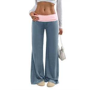 Women's blue wide-leg casual pants with pink fold-over waistband and relaxed fit