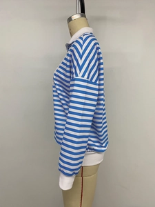 Detail eines blau-weiß gestreiften Sweatshirts mit überschnittenen Schultern und Polokragen