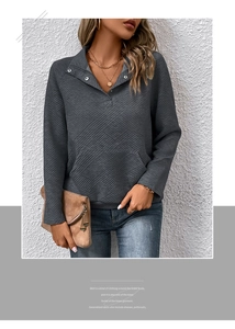 Detailansicht eines dunkelgrauen strukturierten Sweatshirts mit Knopfkragen und Tasche
