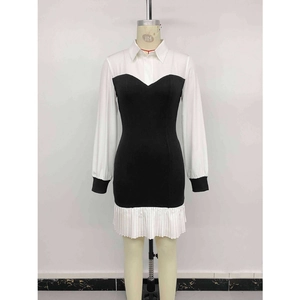 Women Long Sleeve Color Block Shirt Dress Elegant Pleated Mini Dress For Office Casual Patchwork Contrast Short Skirt