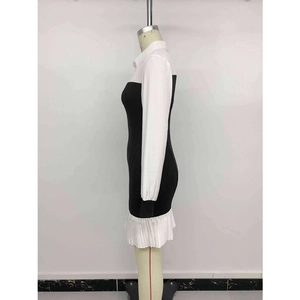 Long sleeve black and white patchwork pleated shirt dress with contrast collar for women