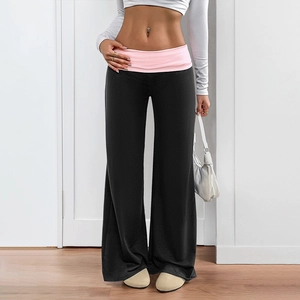 Pantalon Femme Décontracté Colorblock Taille Basse Jambe Large Taille Repliable Contraste Yoga Lounge Flare Pantalon en Maille