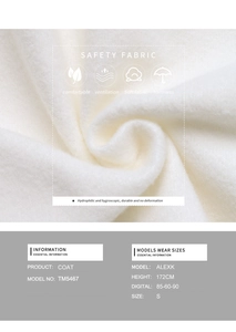 Close-up of soft white faux fur fabric texture and detailed size guide for winter coat