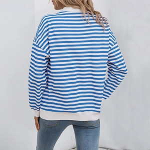 Rückansicht von Damen Polo-Sweatshirt mit Streifen, lockerem Schnitt und Rippbündchen