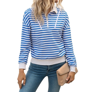 Damen Sweatshirt gestreift in Blau und Weiß mit Polokragen und halbem Reißverschluss