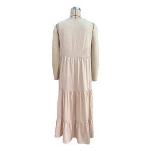 Back view of a light pink tiered sleeveless maxi dress with a relaxed loose fit design