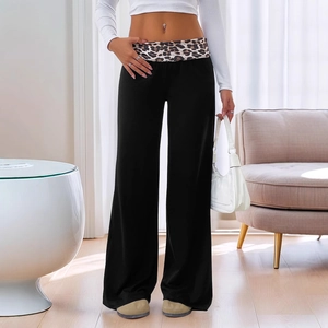 Pantalons Large Patchwork Léopard pour Femmes Taille Haute Rabattue Pantalons Longs Décontractés Automne Streetwear Mode Bas
