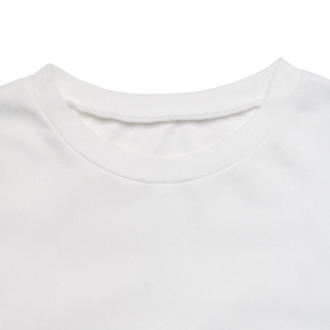 Detail of white crew neck sweatshirt showing ribbed neckline and reinforced inner stitching