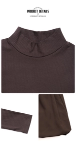 Detailed views of dark brown ribbed knit fabric with mock neck and cuff stitching